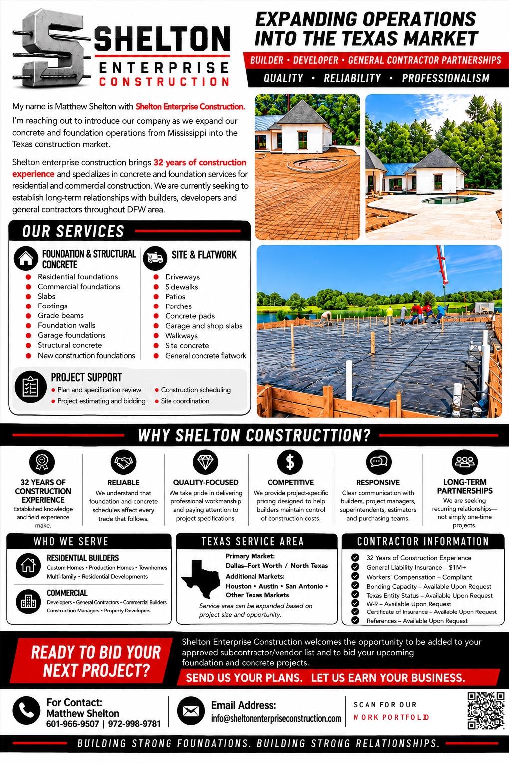 Shelton Enterprise Construction one-page capability statement with updated portfolio QR code