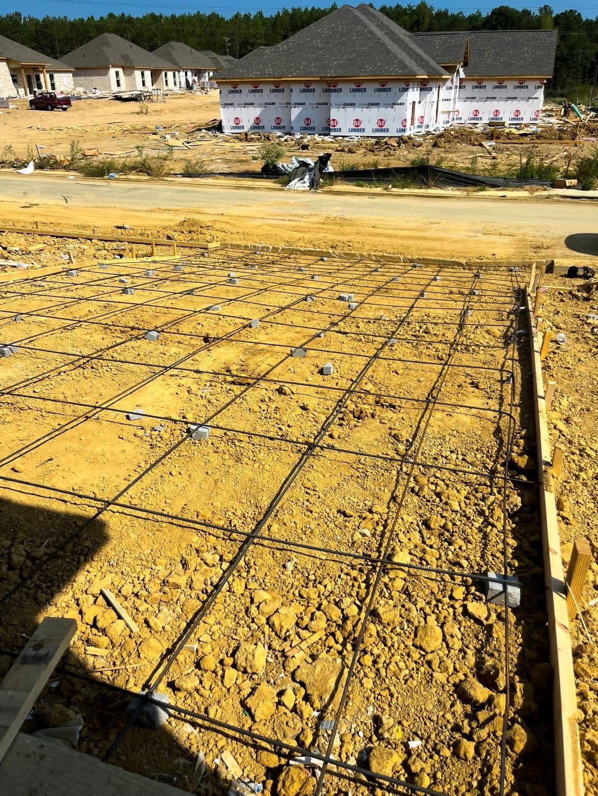 Rebar grid prepared in front of a residential jobsite